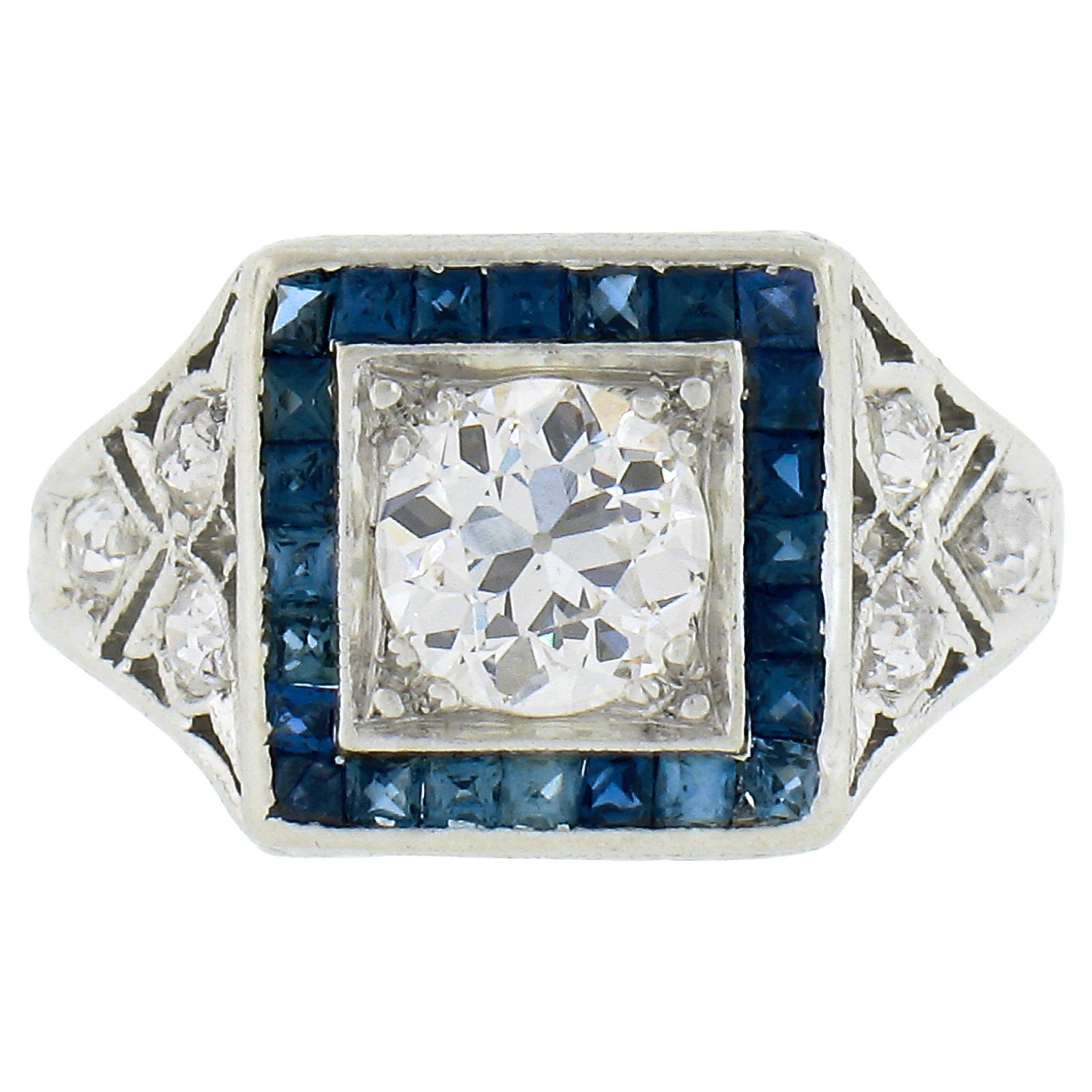 Bague de fiançailles Art déco ancienne en platine avec diamants et saphirs européens 1,42 carat