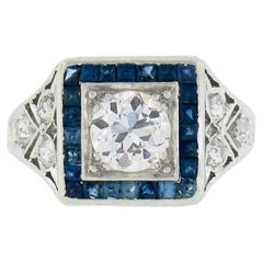 Vintage Art Deco Platinum 1.42ctw European Diamond & Sapphire Engagement Ring