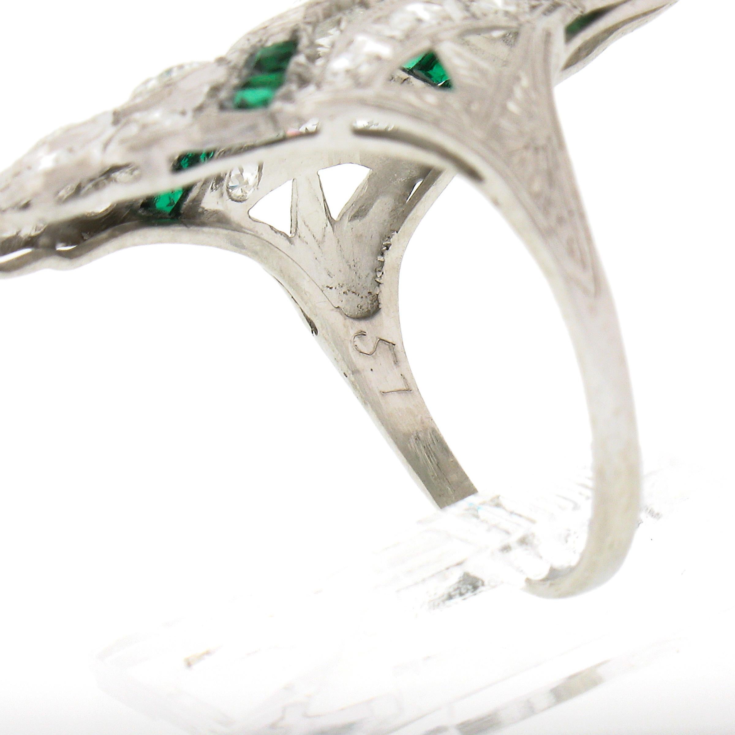 Antique Art Deco Platinum 1.44ct Old European Diamond & Emerald Long Dinner Ring For Sale 5