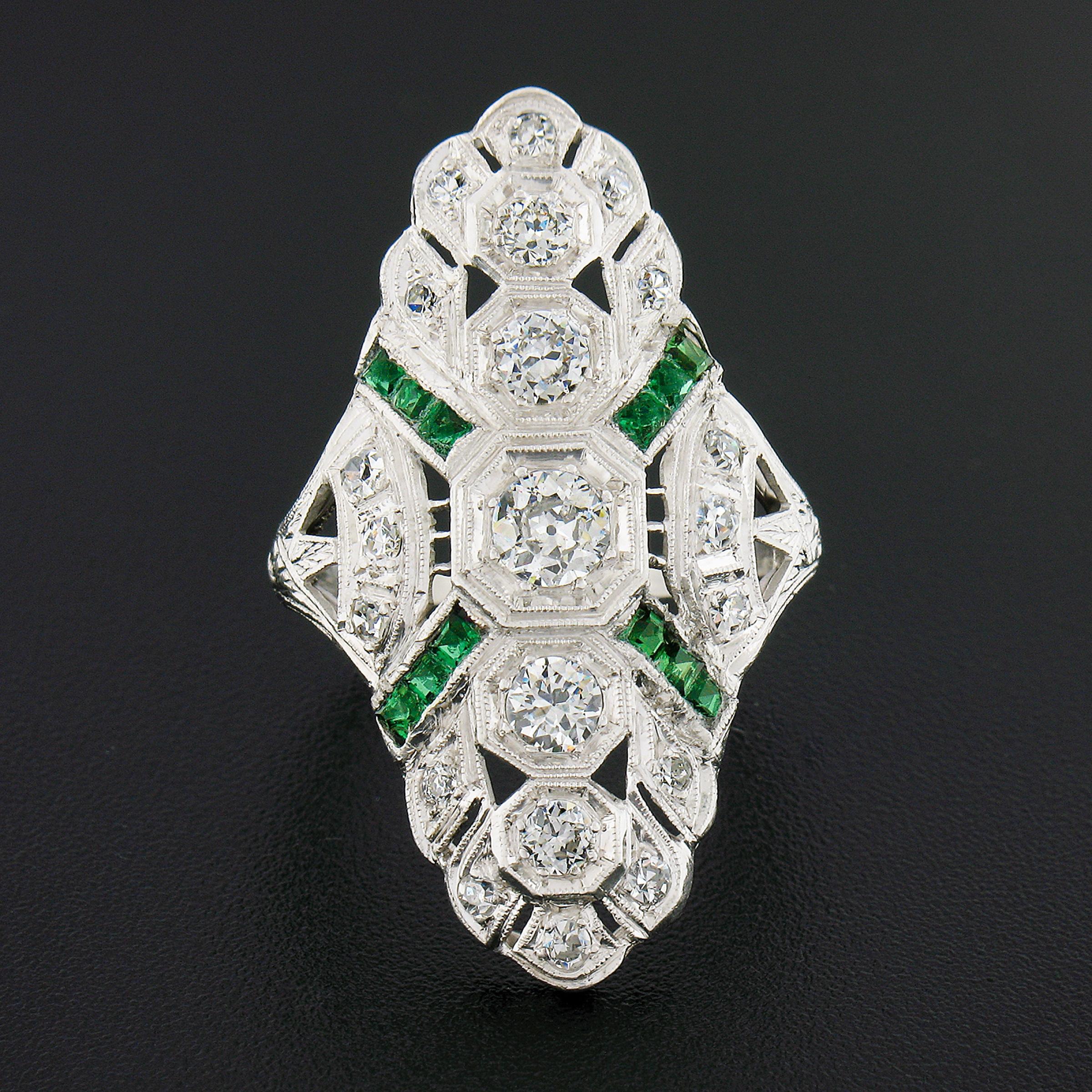 Old European Cut Antique Art Deco Platinum 1.44ct Old European Diamond & Emerald Long Dinner Ring For Sale