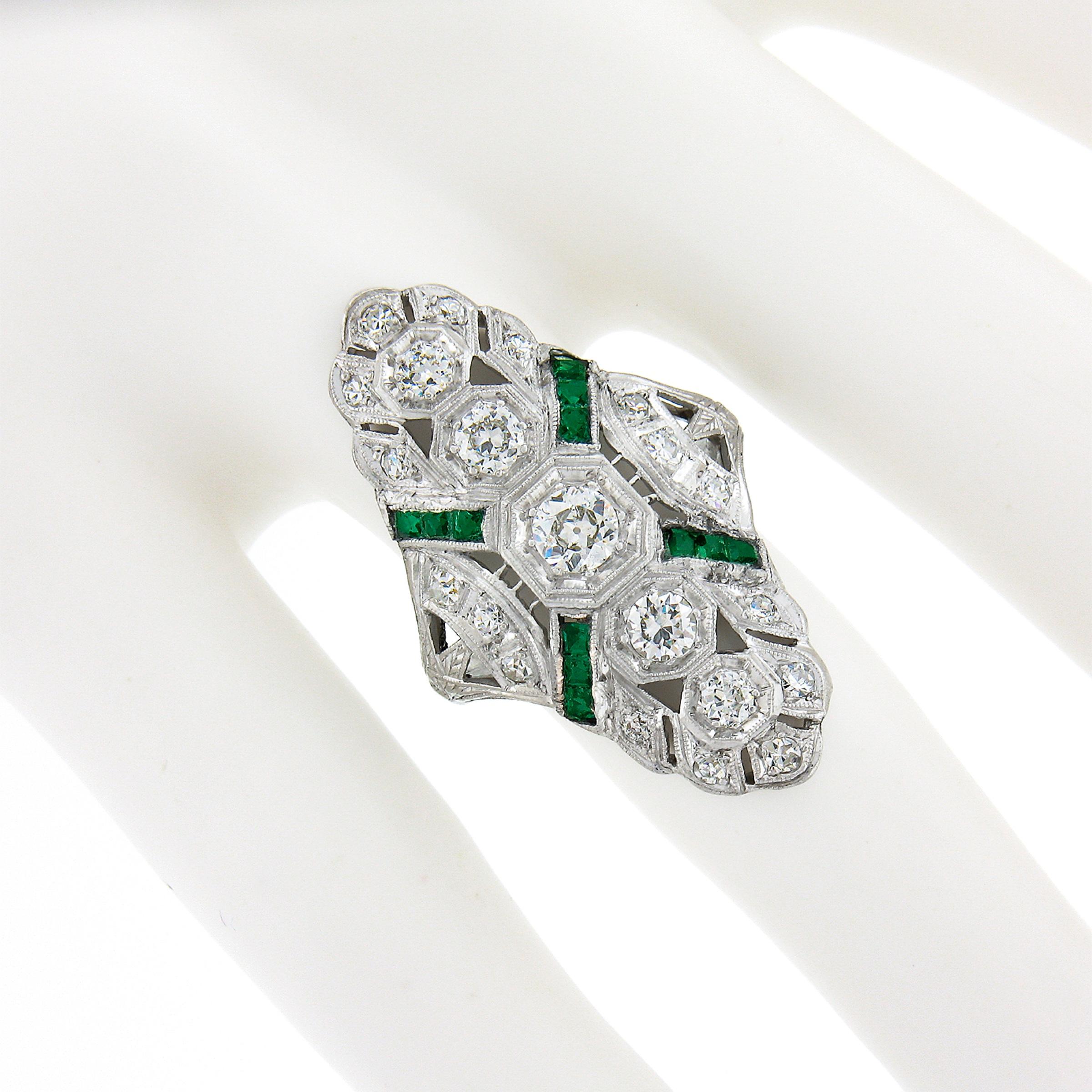 Antique Art Deco Platinum 1.44ct Old European Diamond & Emerald Long Dinner Ring In Good Condition For Sale In Montclair, NJ