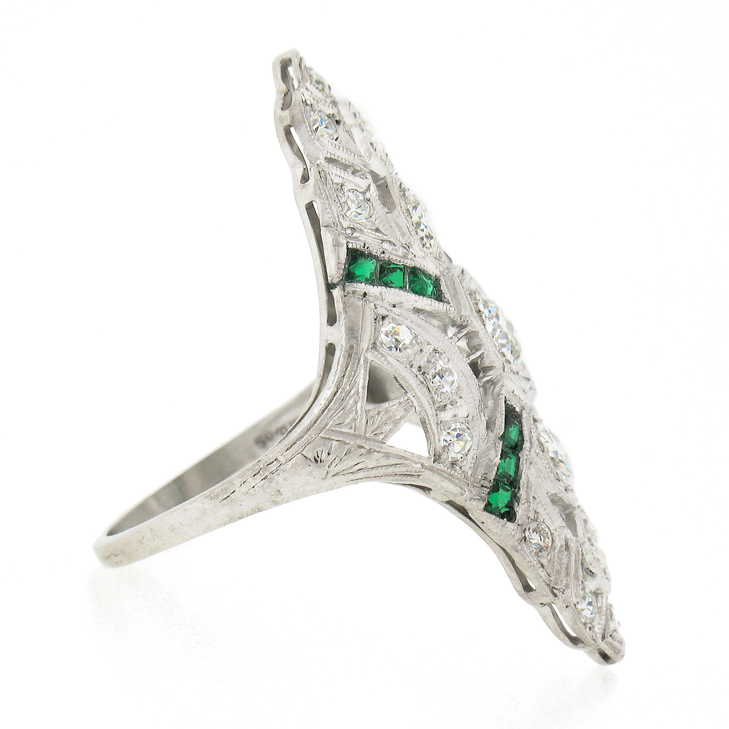 Women's Antique Art Deco Platinum 1.44ct Old European Diamond & Emerald Long Dinner Ring For Sale