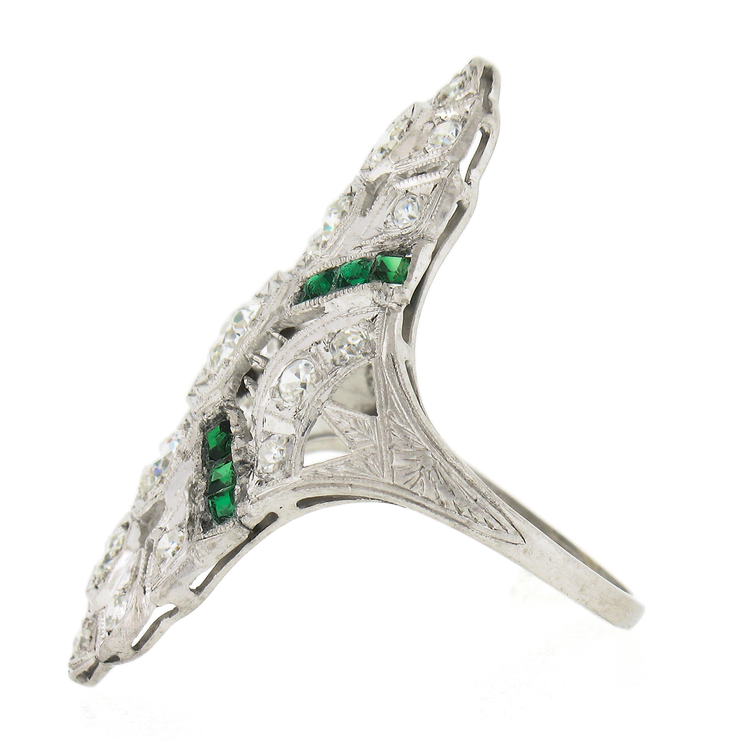 Antique Art Deco Platinum 1.44ct Old European Diamond & Emerald Long Dinner Ring For Sale 1