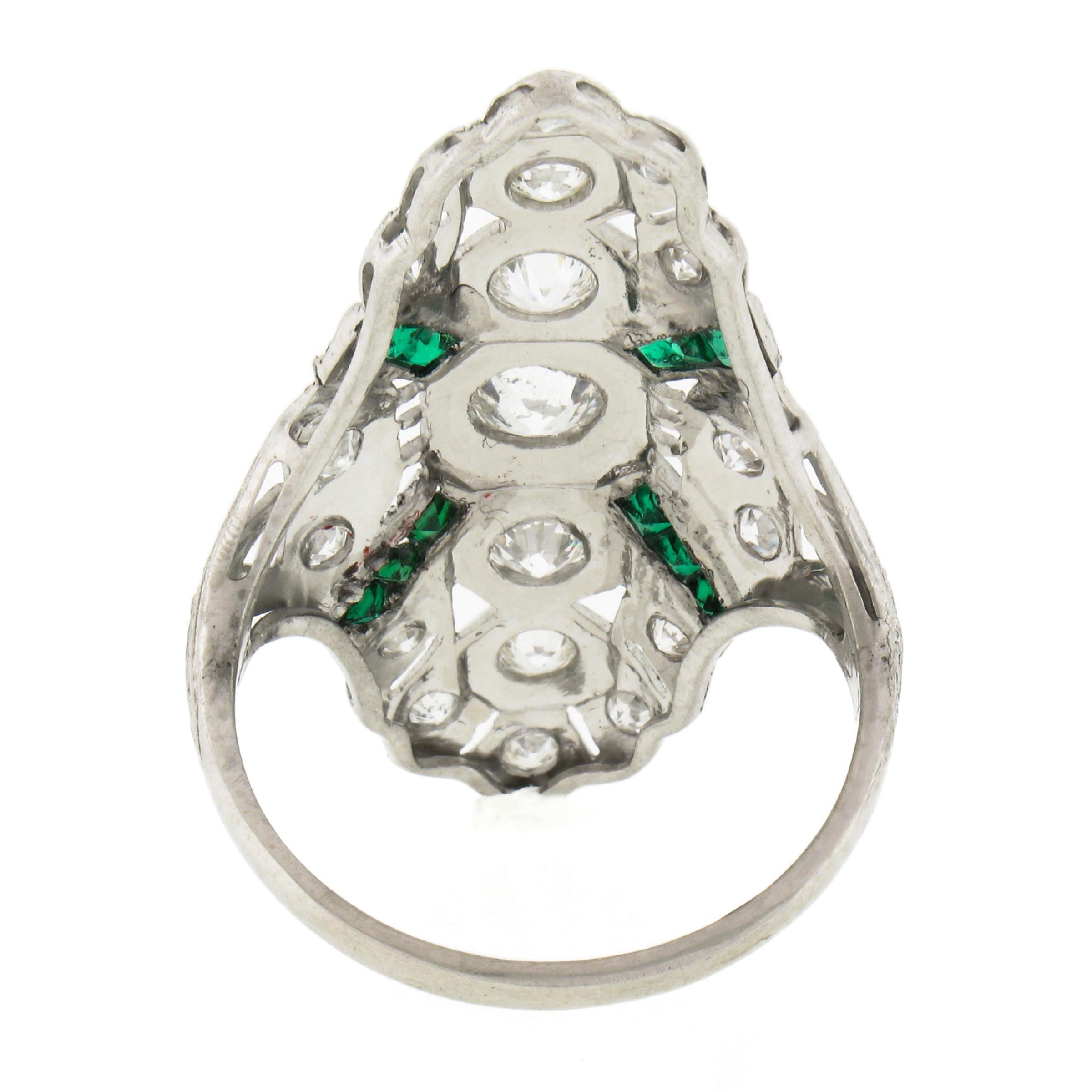Antique Art Deco Platinum 1.44ct Old European Diamond & Emerald Long Dinner Ring For Sale 2