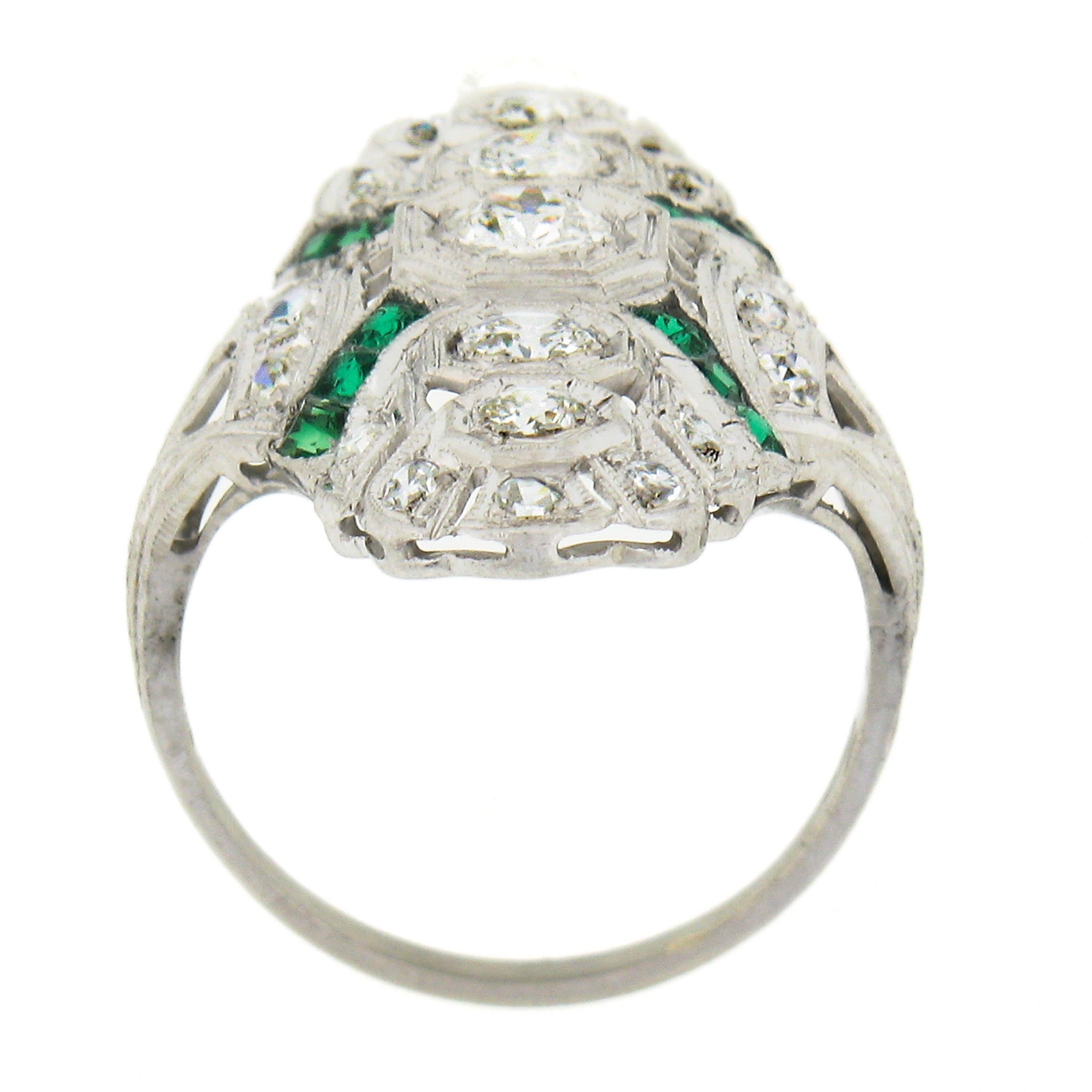 Antique Art Deco Platinum 1.44ct Old European Diamond & Emerald Long Dinner Ring For Sale 3