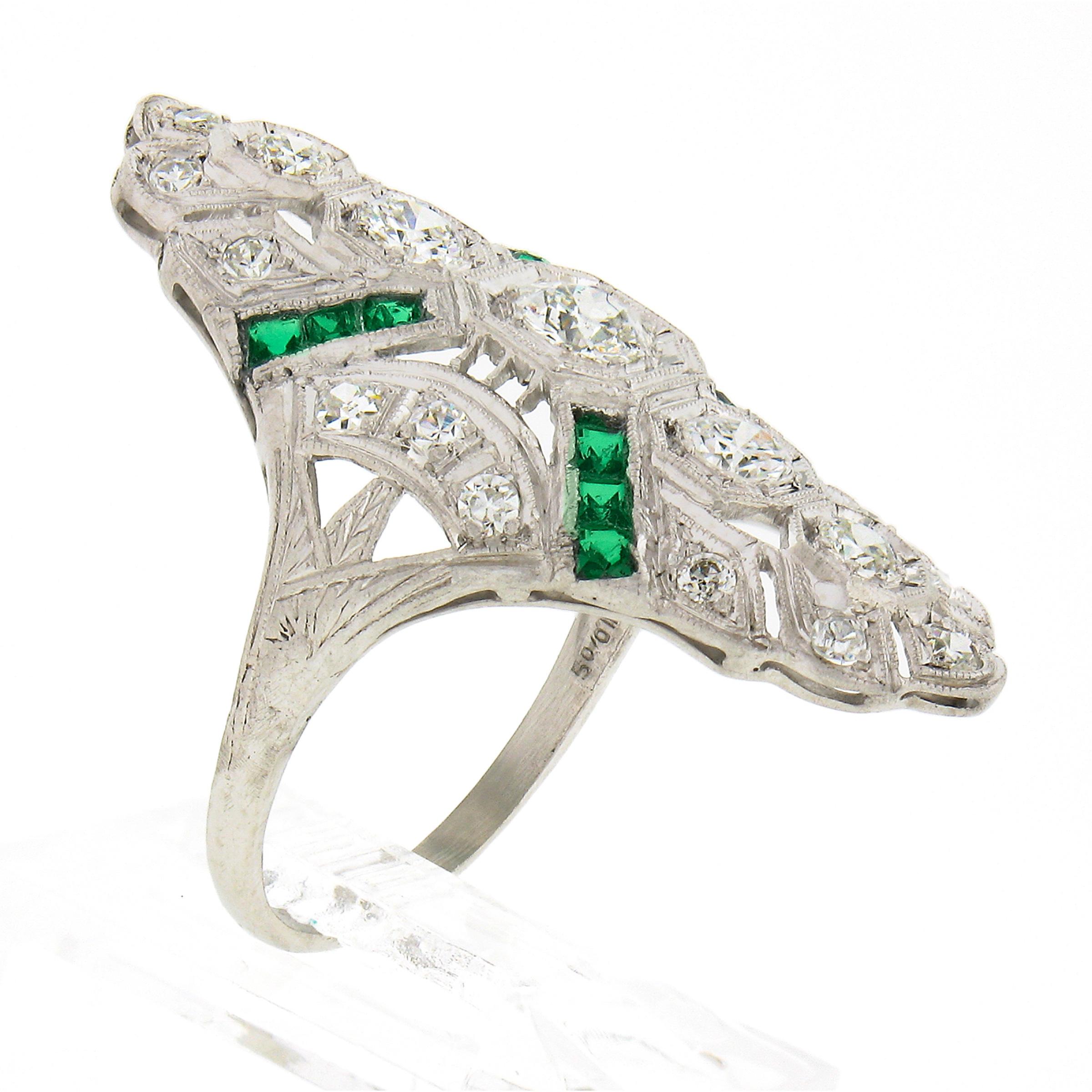 Antique Art Deco Platinum 1.44ct Old European Diamond & Emerald Long Dinner Ring For Sale 4