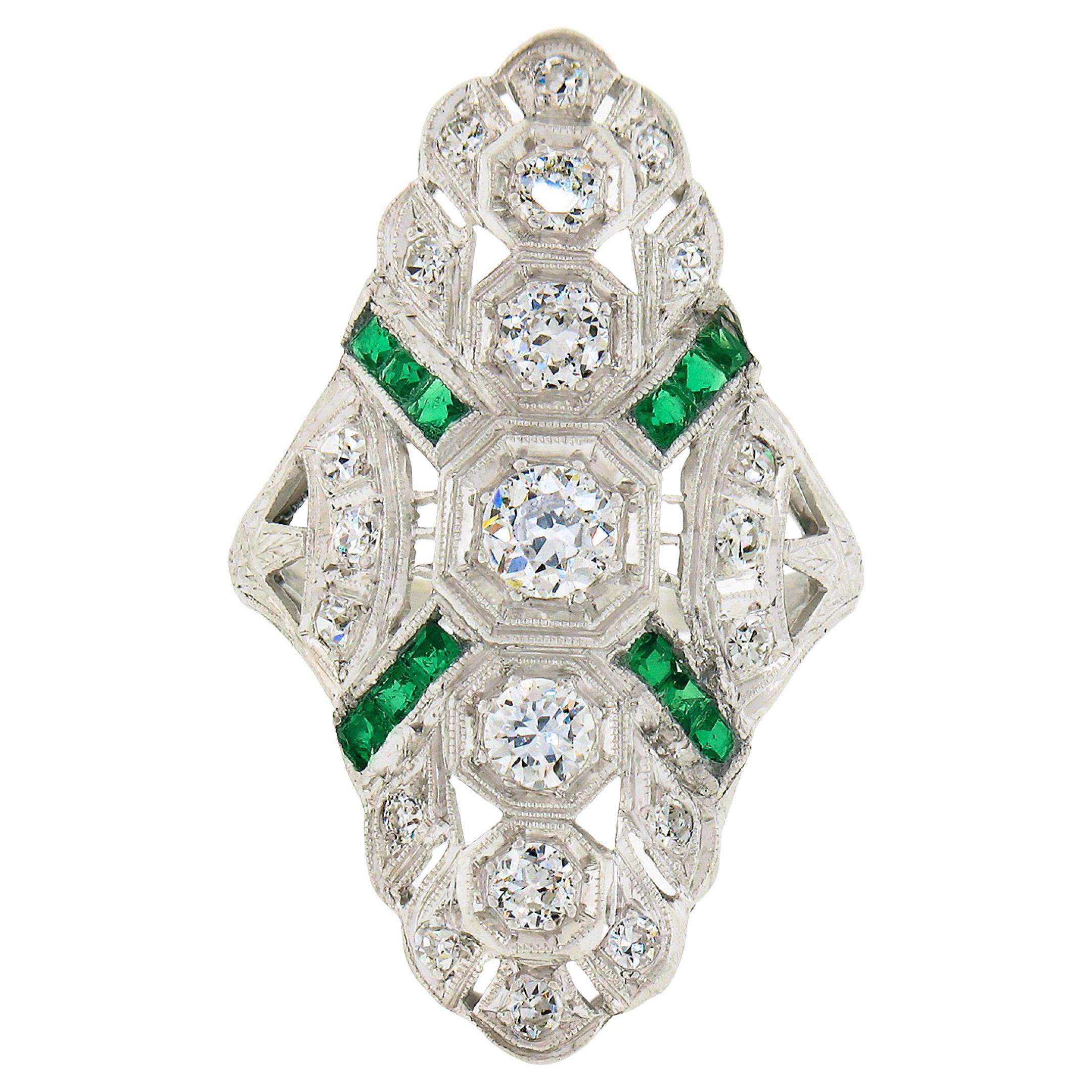 Antique Art Deco Platinum 1.44ct Old European Diamond & Emerald Long Dinner Ring For Sale