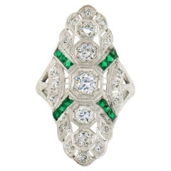 Antique Art Deco Platinum 1.44ct Old European Diamond & Emerald Long Dinner Ring
