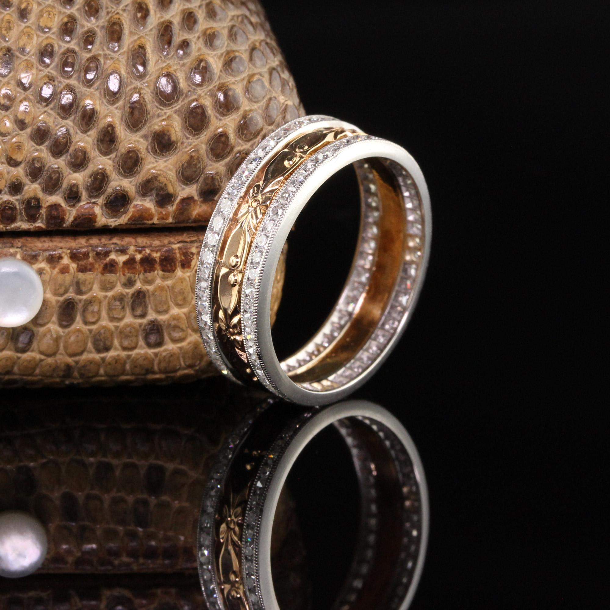 Beautiful Antique Art Deco Platinum 14K Rose Gold Single Cut Diamond Wedding Band. This gorgeous band features two platinum diamond wedding bands and one 14k rose gold engraved wedding band. They have been professionally soldered together and it is