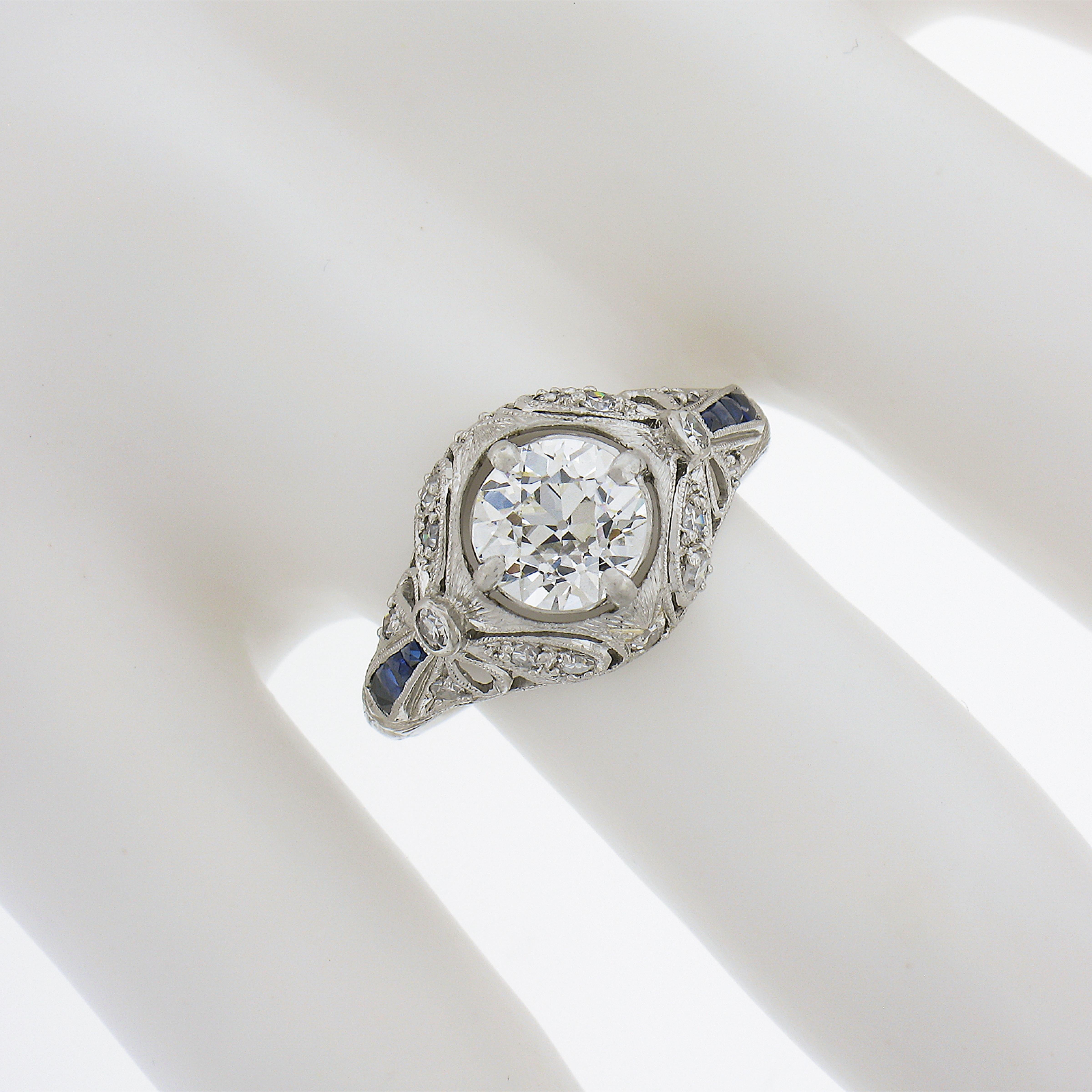 French Cut Antique Art Deco Platinum 1.54ct Diamond French Sapphire Ribbon Engagement Ring