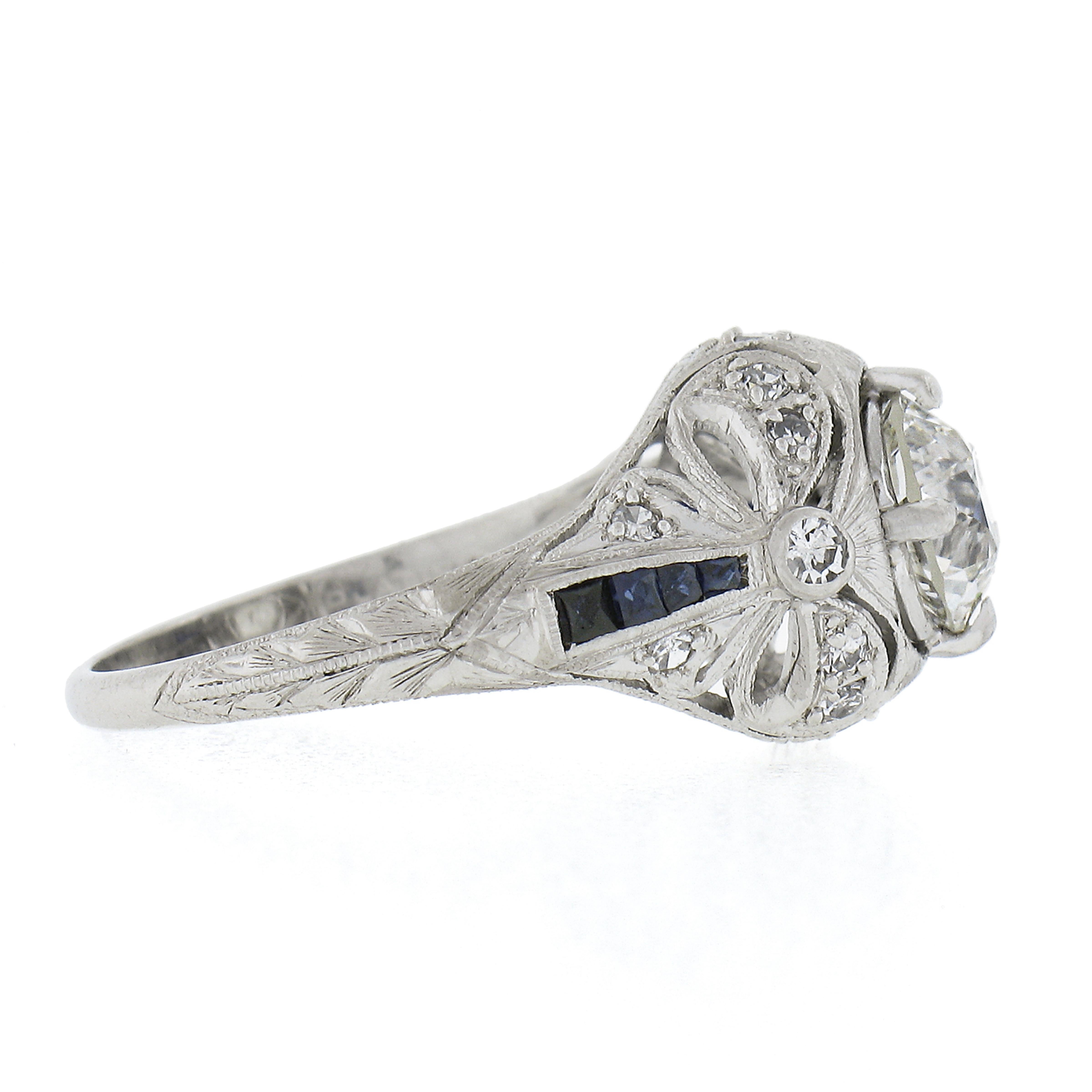 Antique Art Deco Platinum 1.54ct Diamond French Sapphire Ribbon Engagement Ring In Excellent Condition For Sale In Montclair, NJ