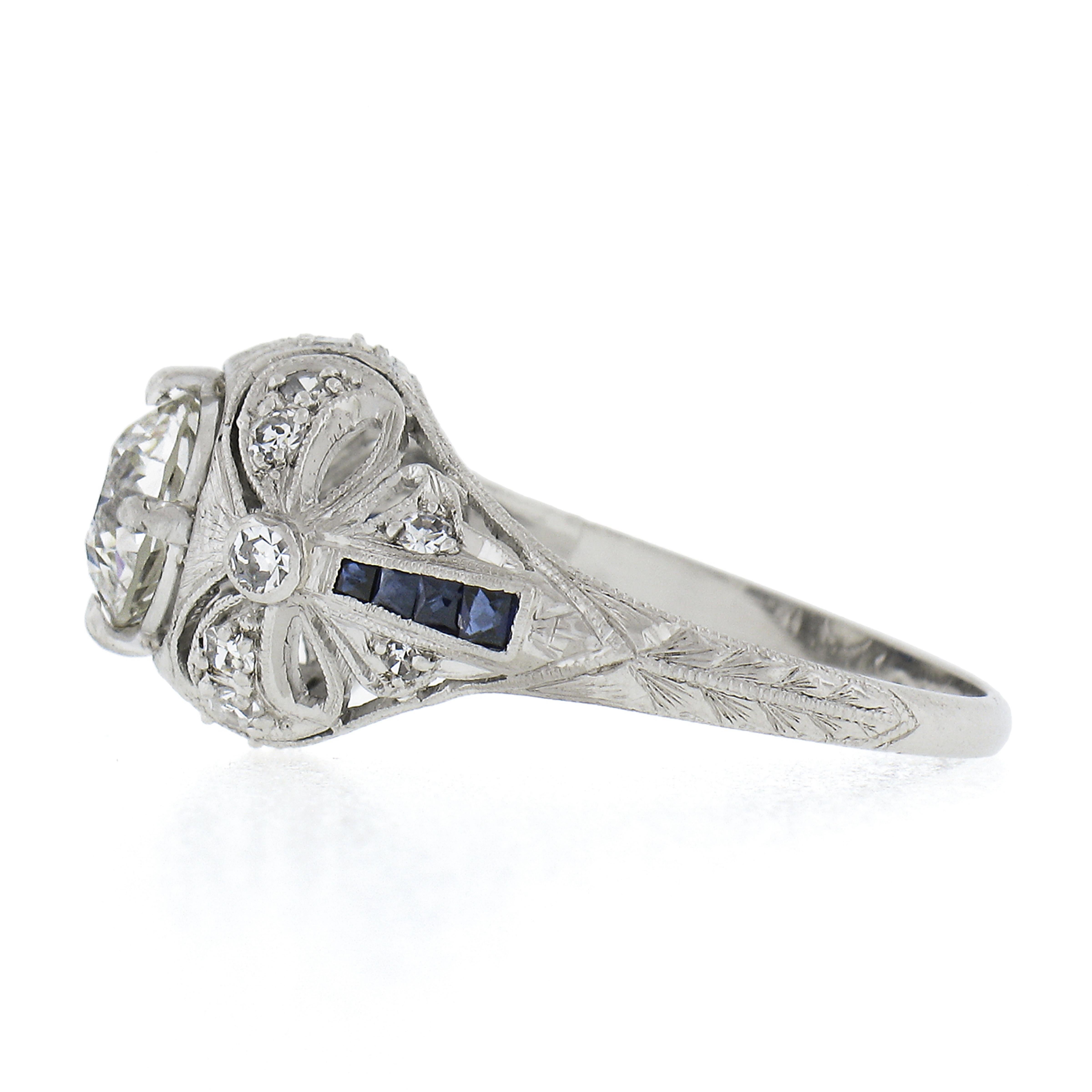 Women's Antique Art Deco Platinum 1.54ct Diamond French Sapphire Ribbon Engagement Ring
