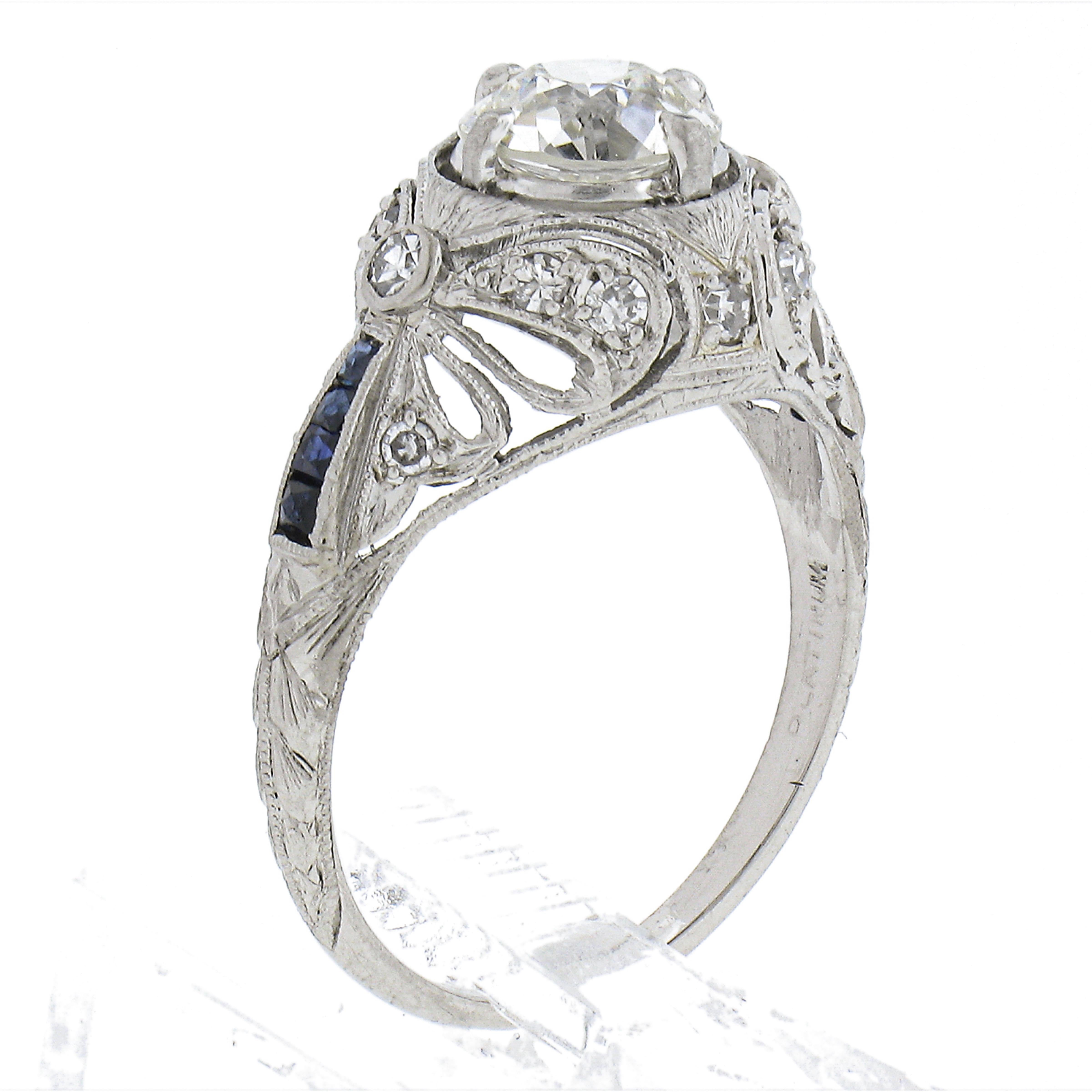 Antique Art Deco Platinum 1.54ct Diamond French Sapphire Ribbon Engagement Ring For Sale 3