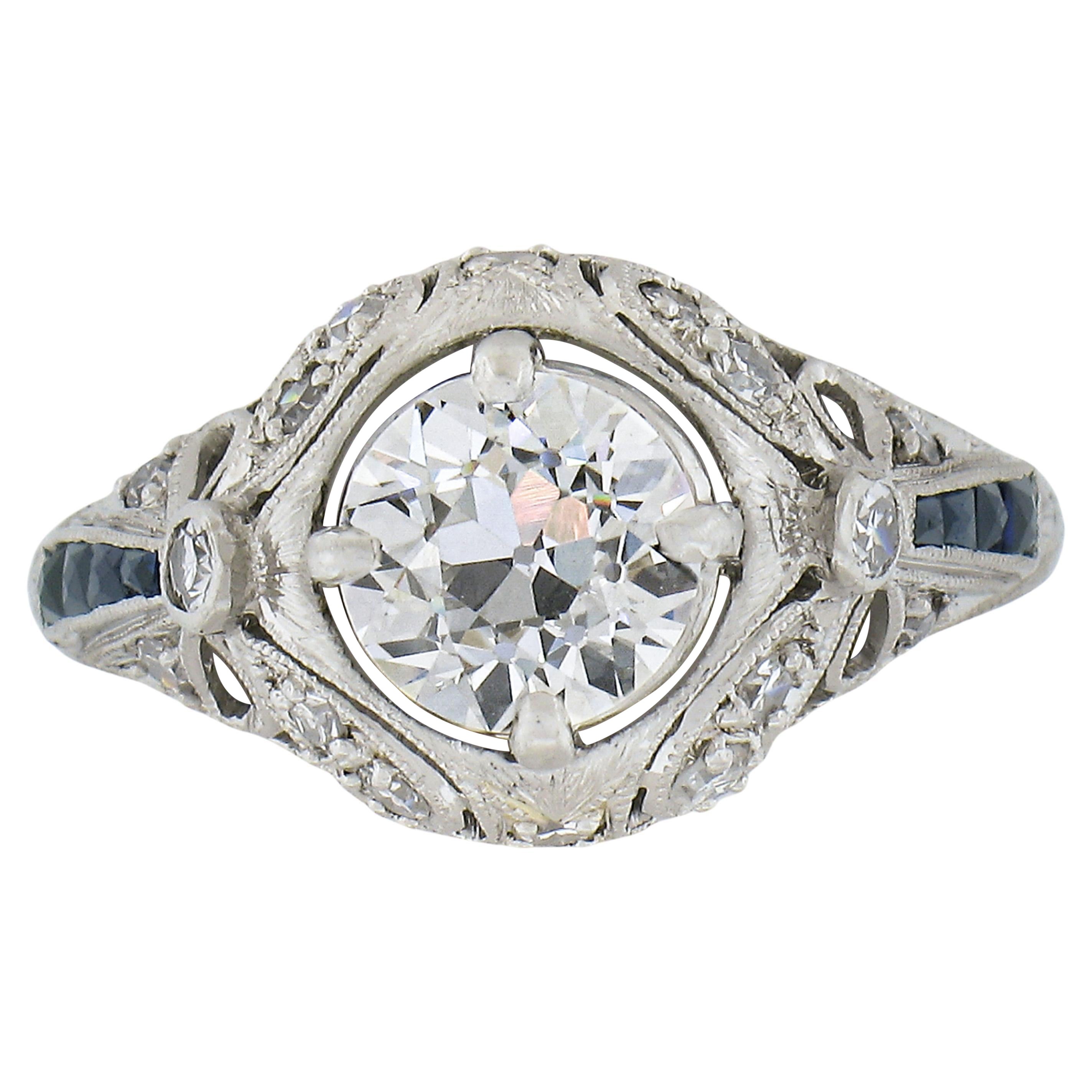Anillo de Compromiso Antiguo Art Déco Platino 1,54ct Diamante Zafiro Francés Cinta
