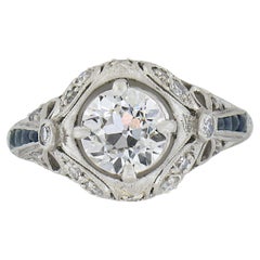Anello di fidanzamento antico Art Deco in platino con diamante e zaffiro francese da 1,54 carati
