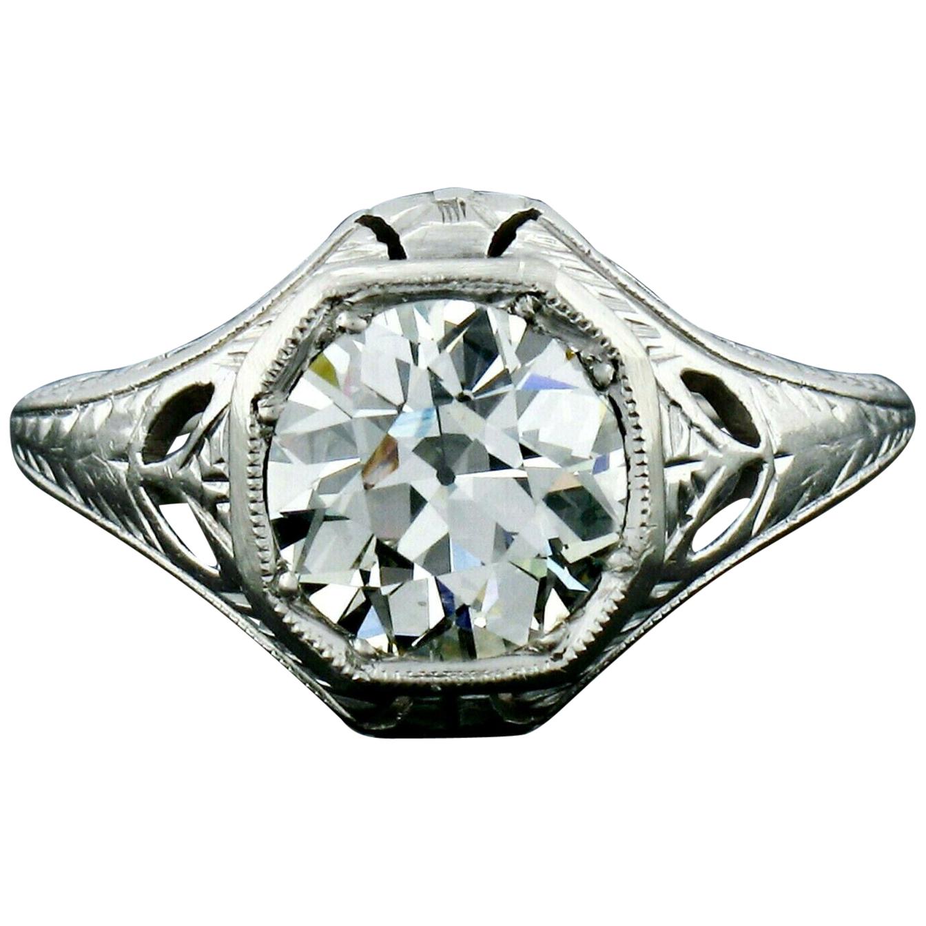Antique Art Deco Platinum 1.55 Carat GIA Diamond Filigree Engraved Ring