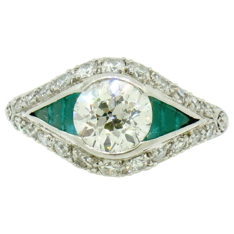 Antique Art Deco Platinum 1.65 Carat Old European Diamond and Emerald Ring