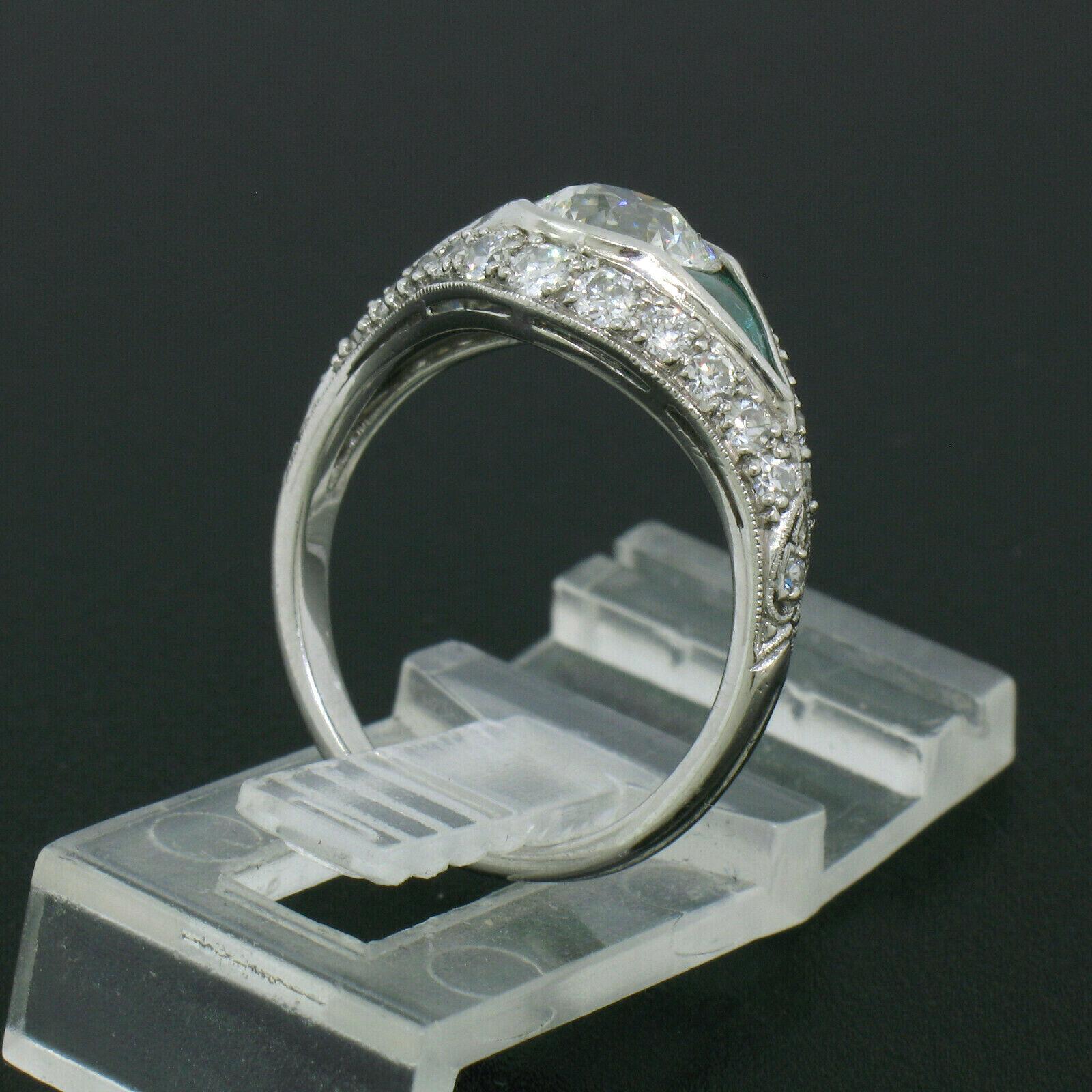 Antique Art Deco Platinum 1.65 Carat Old European Diamond and Emerald Ring 1