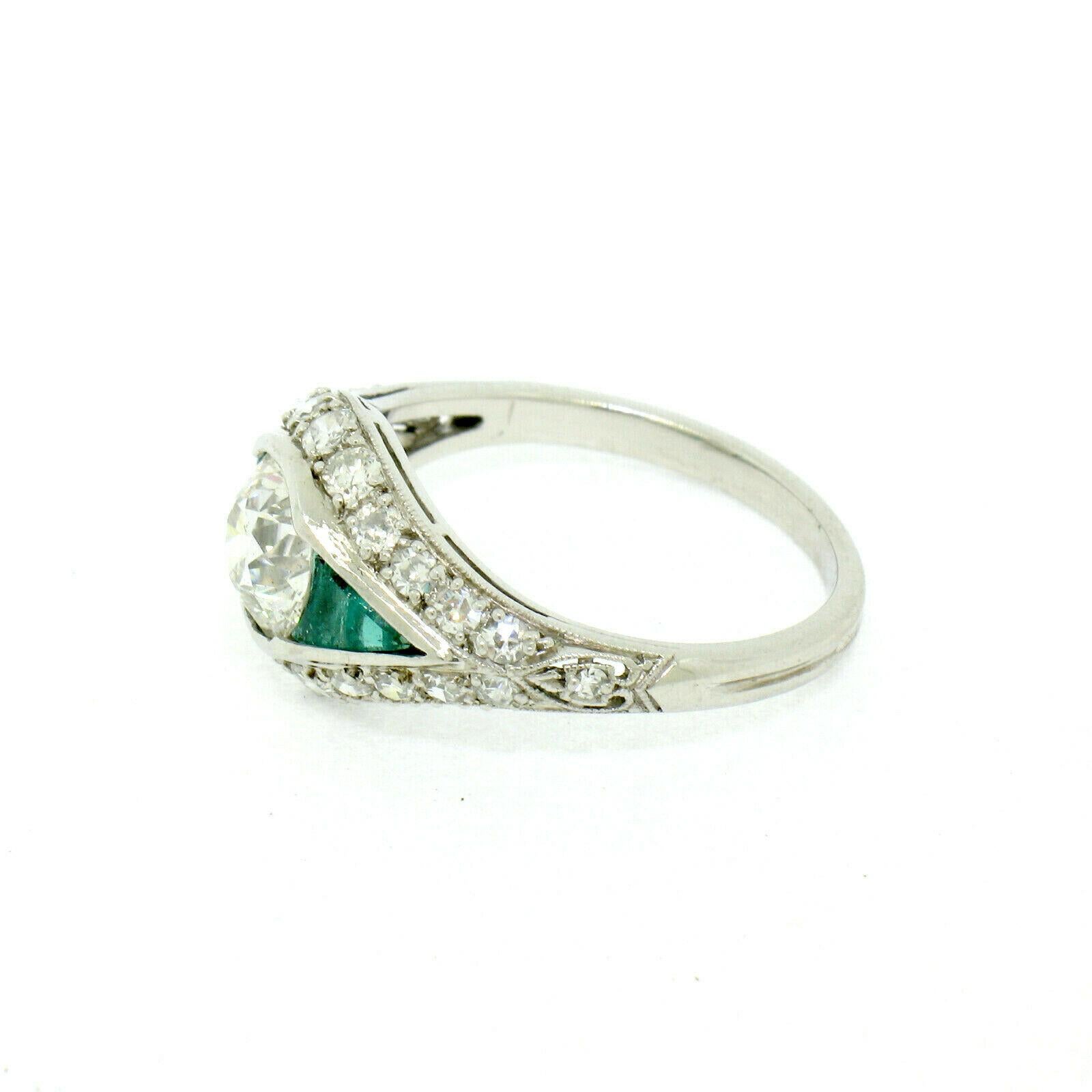 Antique Art Deco Platinum 1.65 Carat Old European Diamond and Emerald Ring 2
