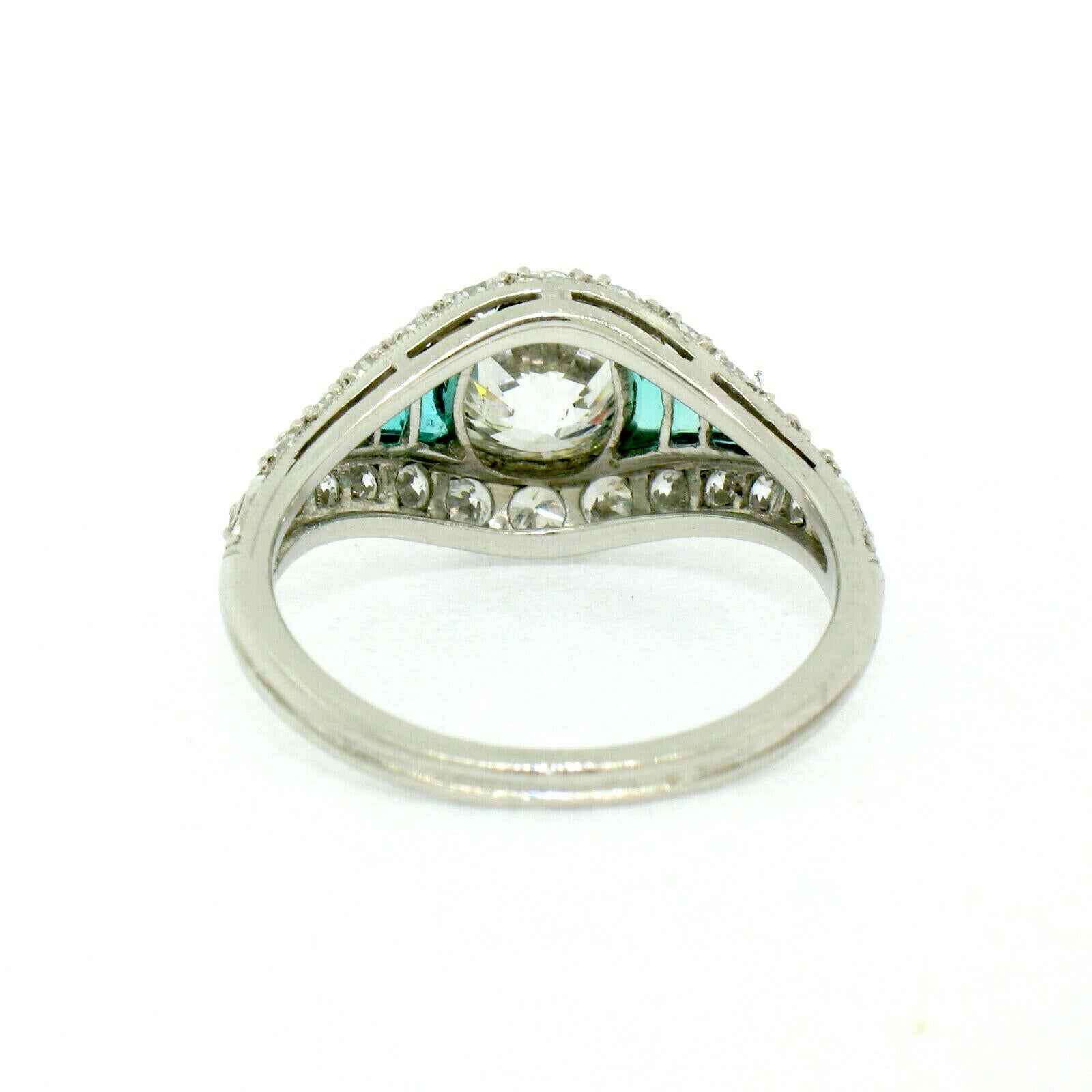 Antique Art Deco Platinum 1.65 Carat Old European Diamond and Emerald Ring 4