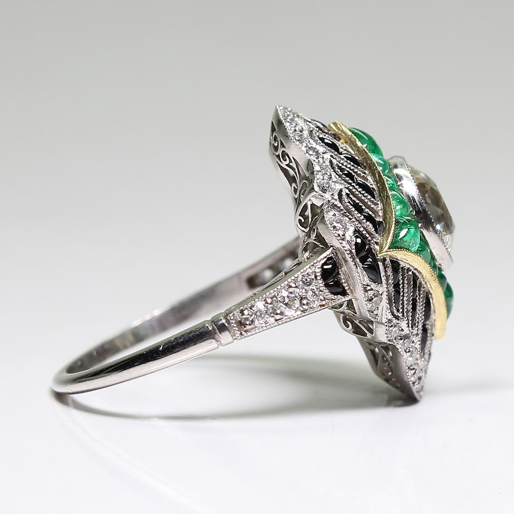 Old Mine Cut Antique Art Deco Platinum 1.66 Carat Diamond - Emerald and Onyx Ring