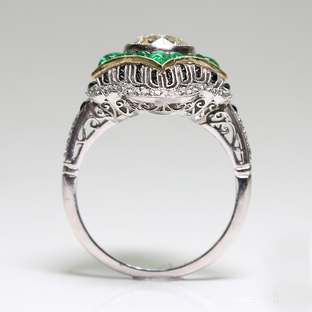 Antique Art Deco Platinum 1.66 Carat Diamond - Emerald and Onyx Ring 1