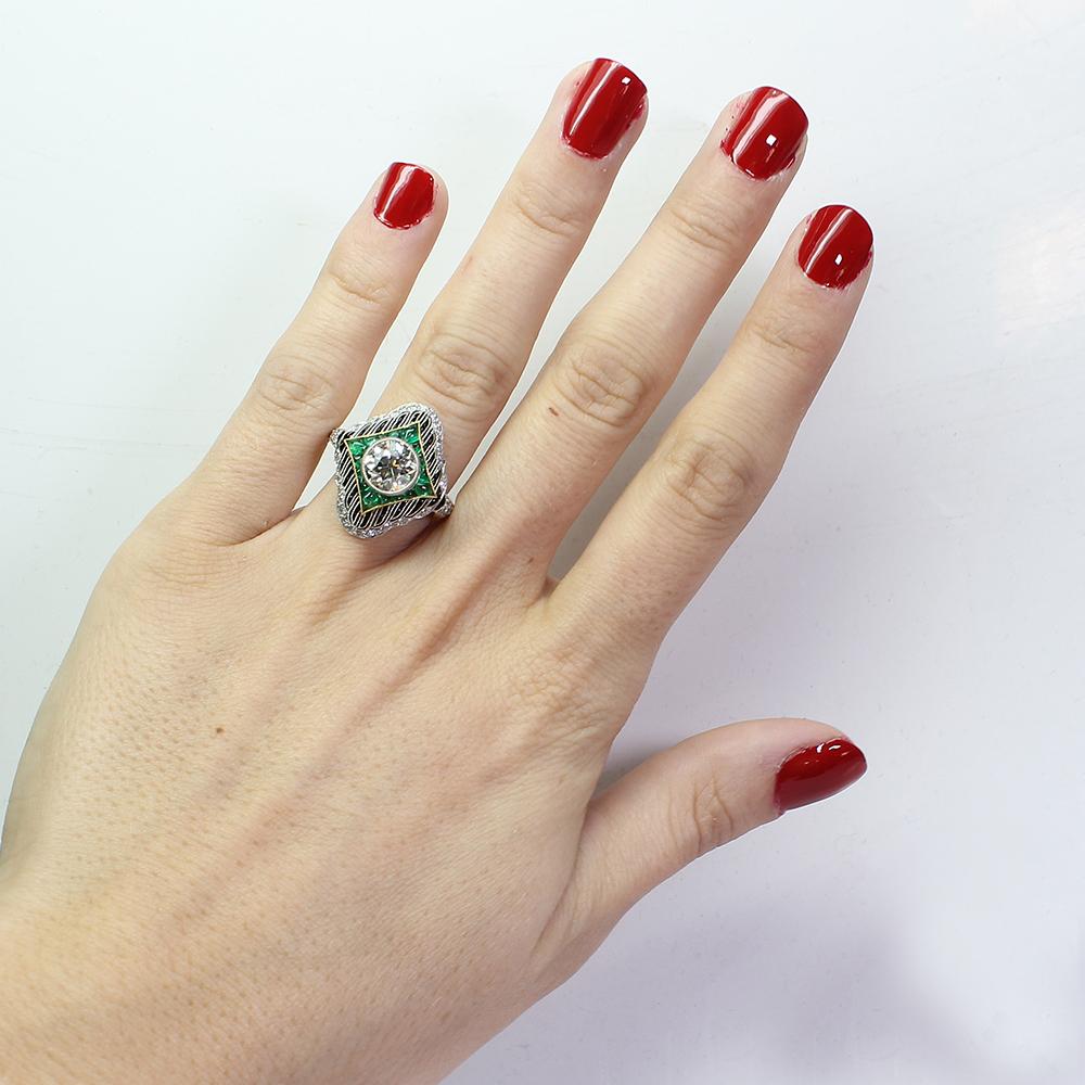 Antique Art Deco Platinum 1.66 Carat Diamond - Emerald and Onyx Ring 2