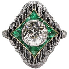 Antique Art Deco Platinum 1.66 Carat Diamond - Emerald and Onyx Ring