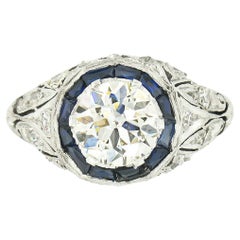 Antique Art Deco Platinum 1.70ct GIA European Diamond & Sapphire Engagement Ring