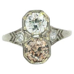 Antique Art Deco Platinum 1.71ctw Old Cut Fancy Color & White Dual Diamond Ring