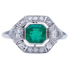 Antique, Art Deco, Platinum 18 Carat White Gold Emerald and Diamond Cluster Ring