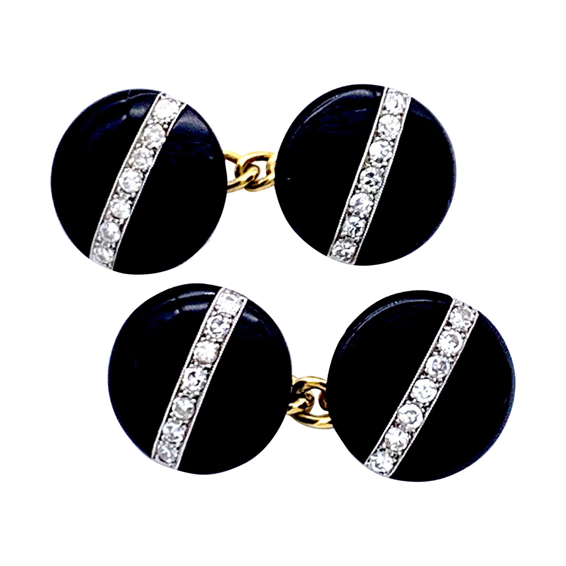 Antique Art Deco Platinum 18 Karat Yellow Gold Diamond Onyx Cufflinks