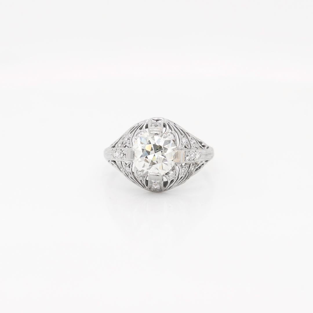 Antique Art Deco Platinum & 1.87 Carat Old European Cut Diamond Engagement Ring In Good Condition For Sale In Philadelphia, PA