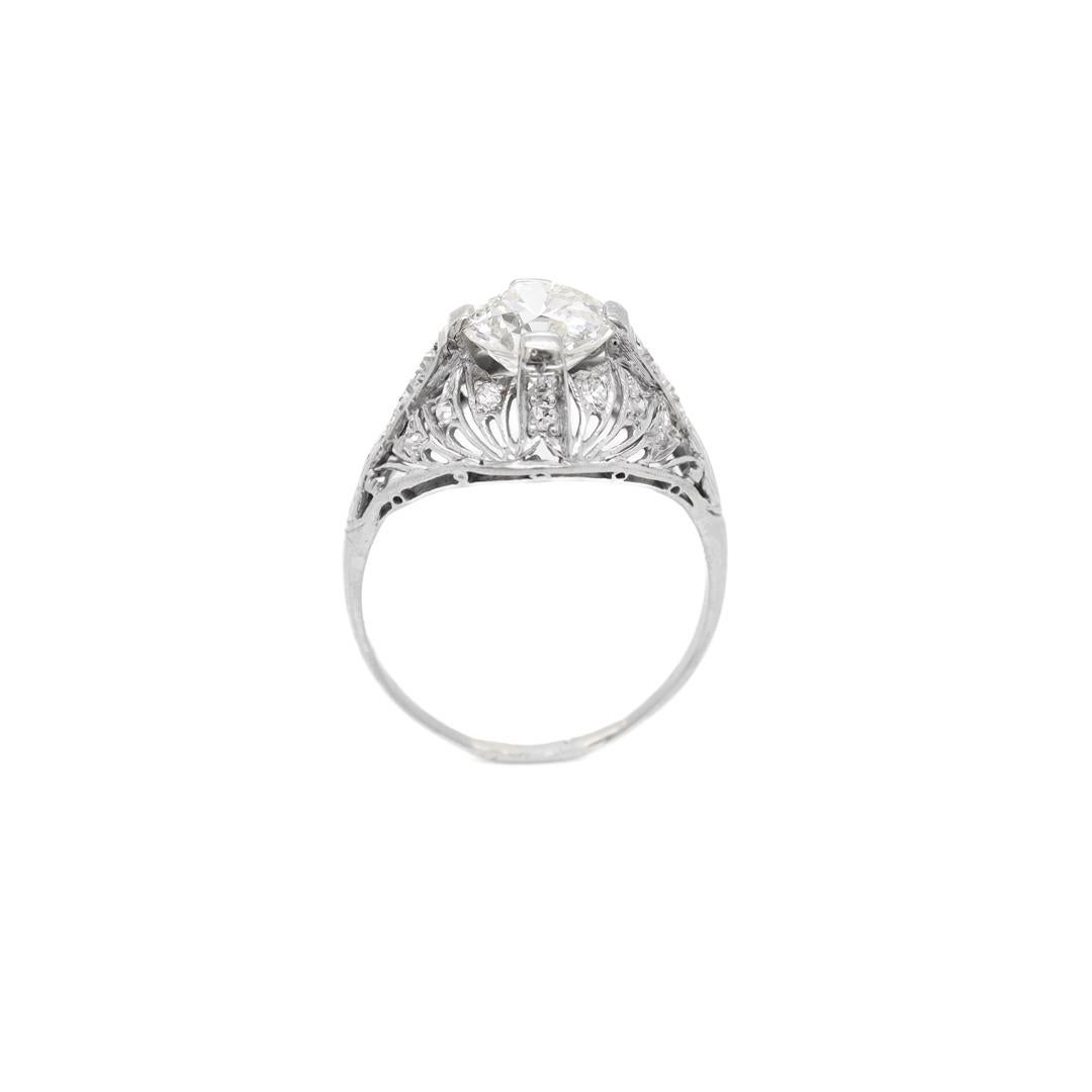 Women's Antique Art Deco Platinum & 1.87 Carat Old European Cut Diamond Engagement Ring For Sale