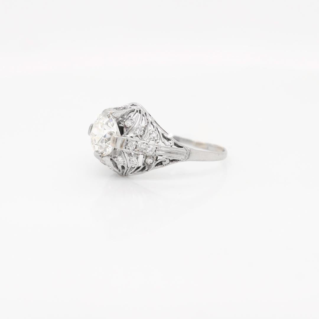 Antique Art Deco Platinum & 1.87 Carat Old European Cut Diamond Engagement Ring For Sale 1