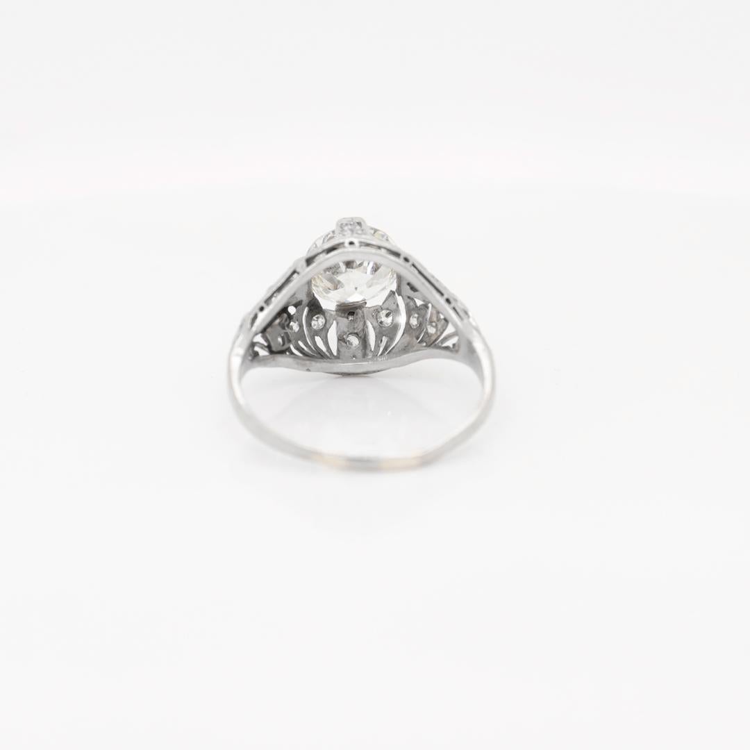 Antique Art Deco Platinum & 1.87 Carat Old European Cut Diamond Engagement Ring For Sale 2
