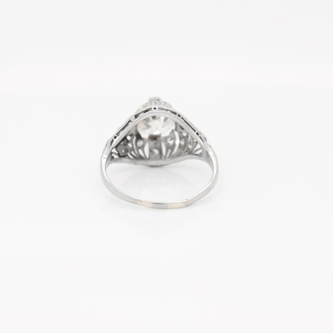 Antique Art Deco Platinum & 1.87 Carat Old European Cut Diamond Engagement Ring For Sale 3