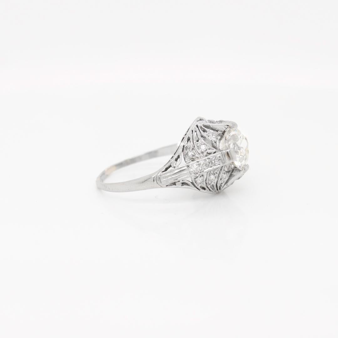 Antique Art Deco Platinum & 1.87 Carat Old European Cut Diamond Engagement Ring For Sale 4