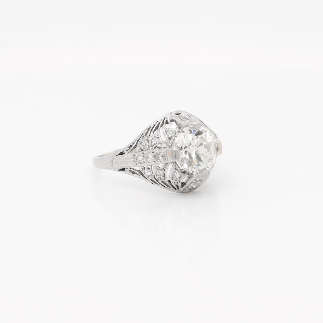 Antique Art Deco Platinum & 1.87 Carat Old European Cut Diamond Engagement Ring For Sale 5