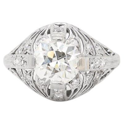 Antique Art Deco Platinum & 1.87 Carat Old European Cut Diamond Engagement Ring For Sale