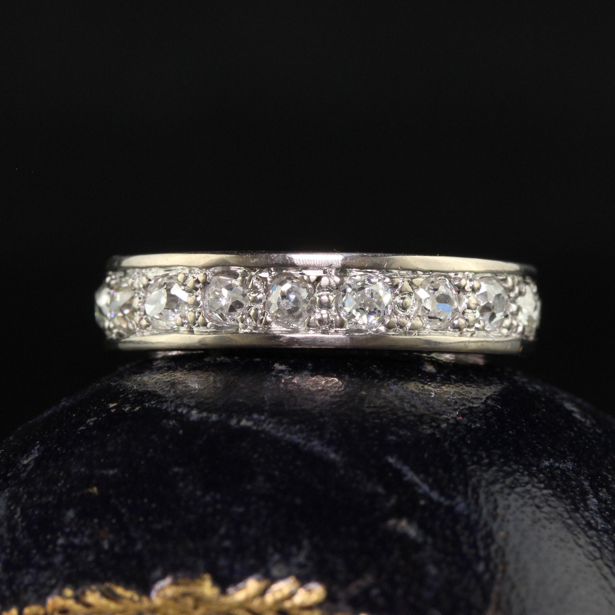 Beautiful Antique Art Deco Platinum and 18K White Gold French Old Mine Diamond Eternity Band - Size 4 3/4. This gorgeous art deco eternity band is crafted in platinum and 18K White Gold. There are old mine cut diamonds going around the entire band.