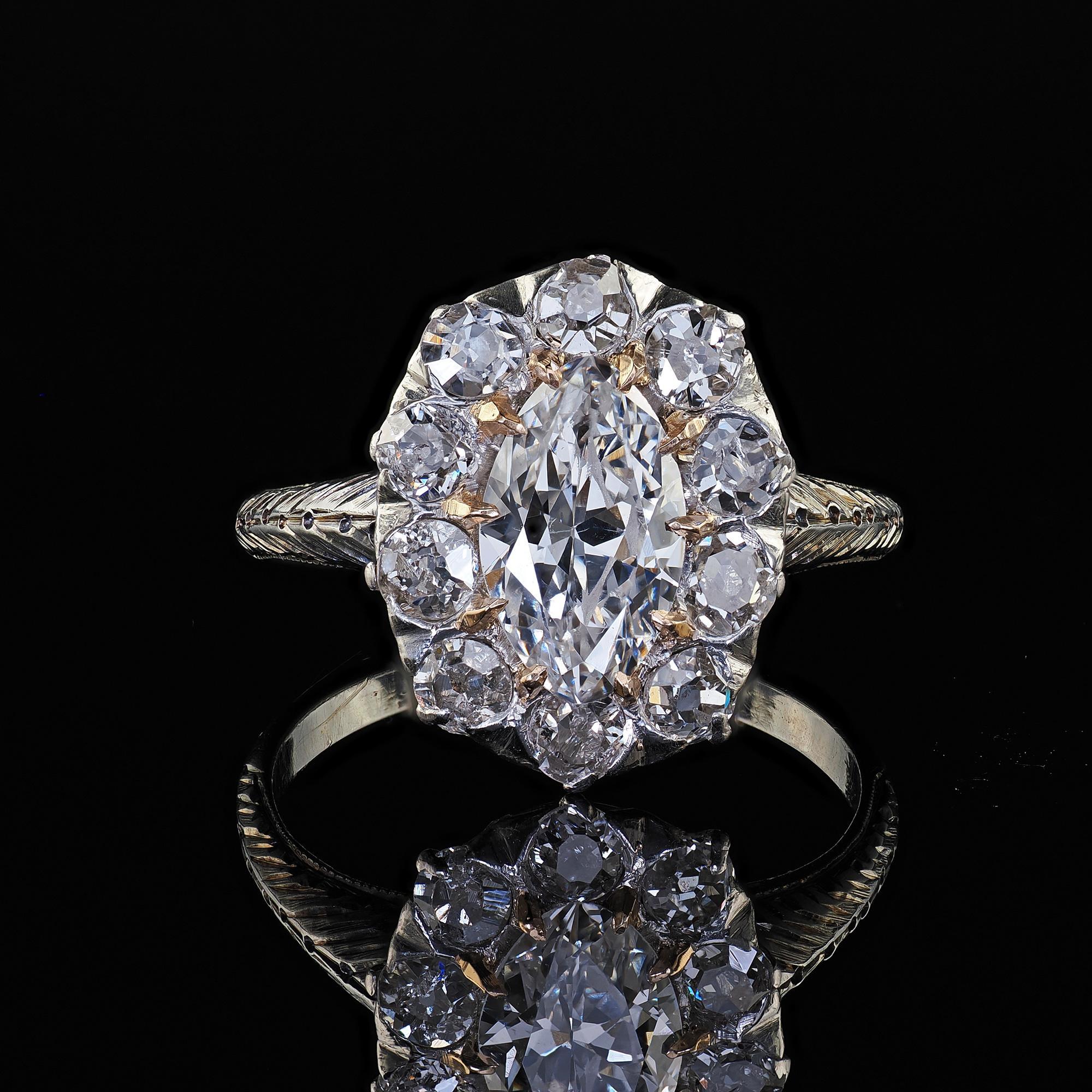 Antique Art Deco Platinum 18K Gold Old Marquise Diamond Engagement Ring - GIA 2