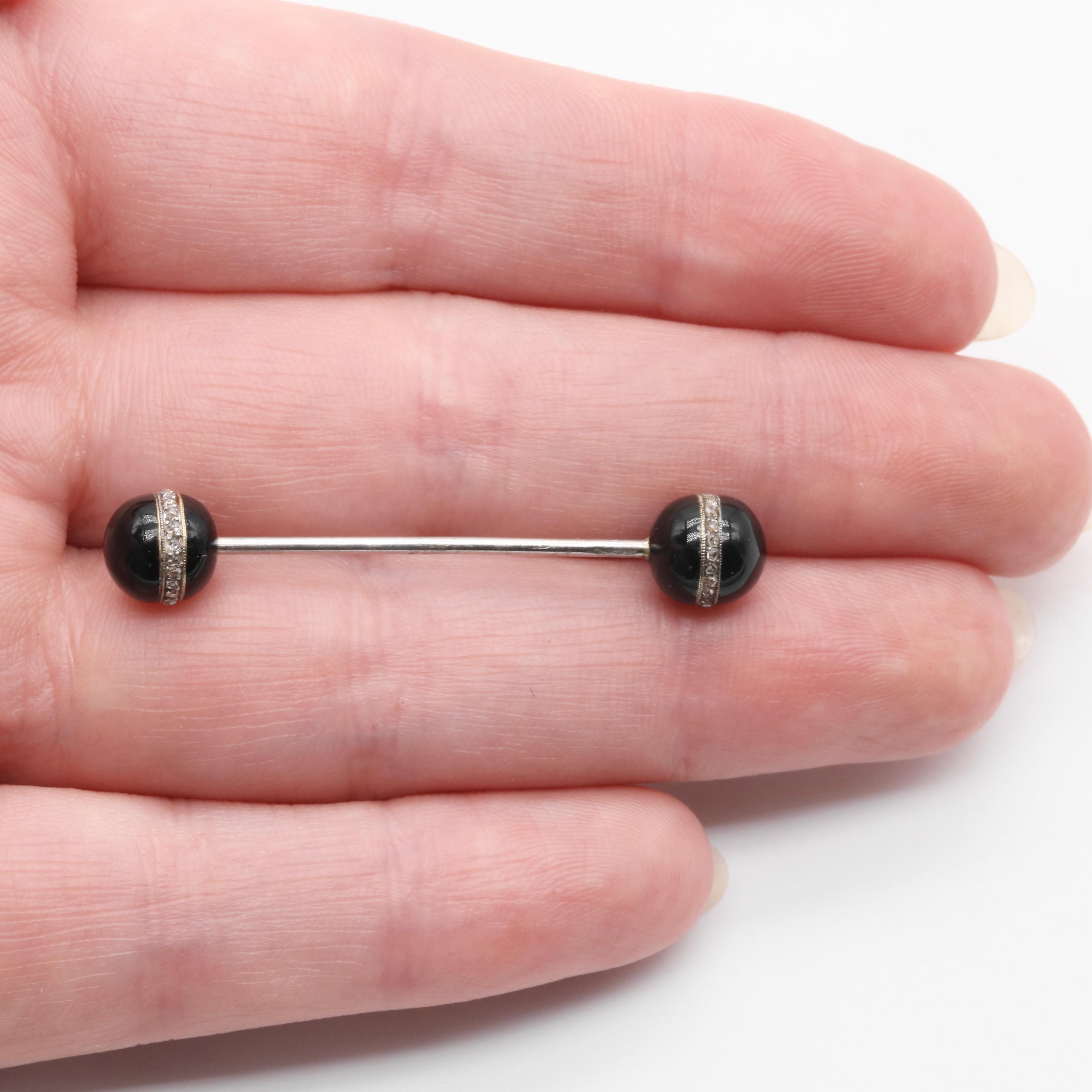 Antique Art Deco Platinum & 18K Gold Rose Cut Diamond & Black Enamel Jabot Pin For Sale 6