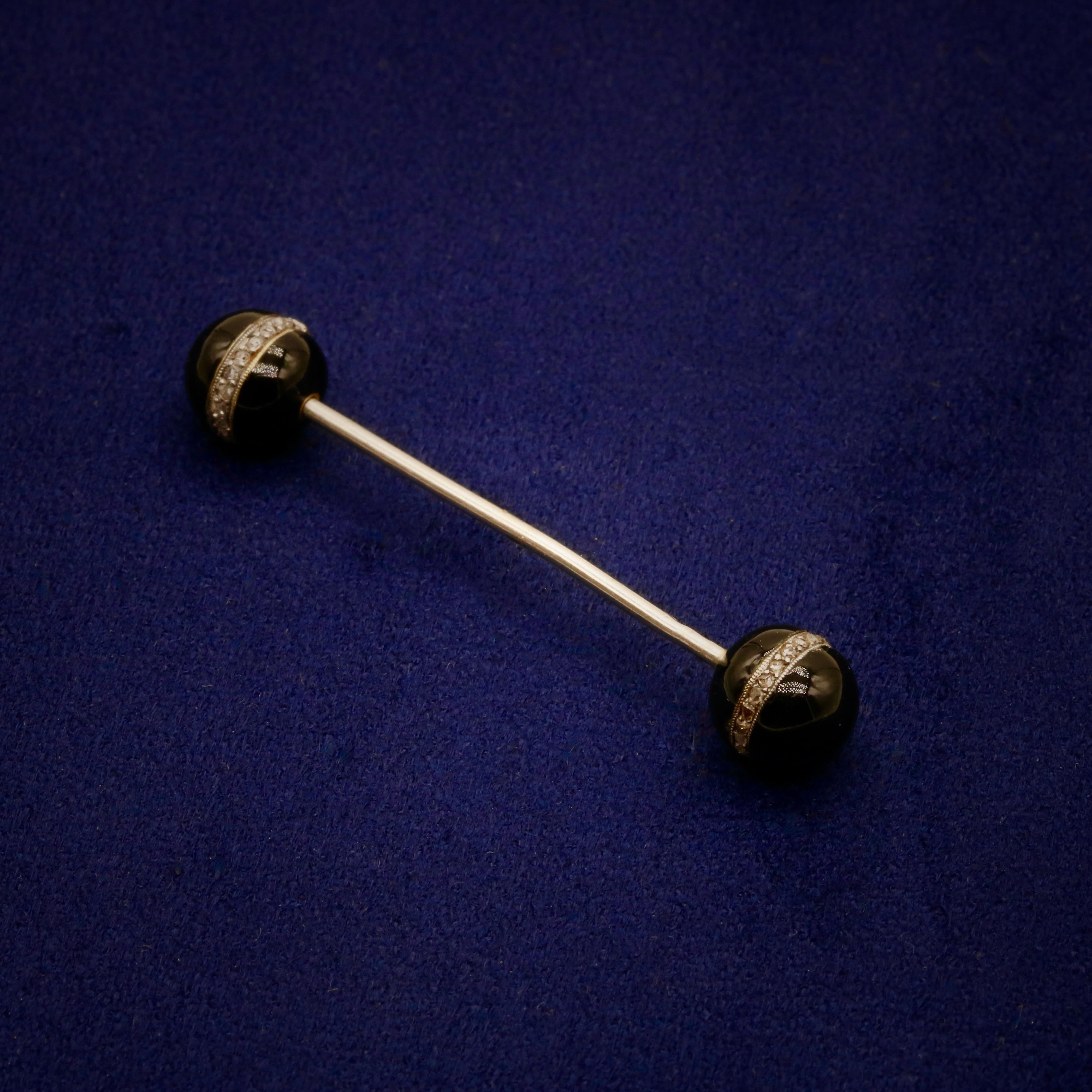 Antique Art Deco Platinum & 18K Gold Rose Cut Diamond & Black Enamel Jabot Pin In Good Condition For Sale In Staines-Upon-Thames, GB