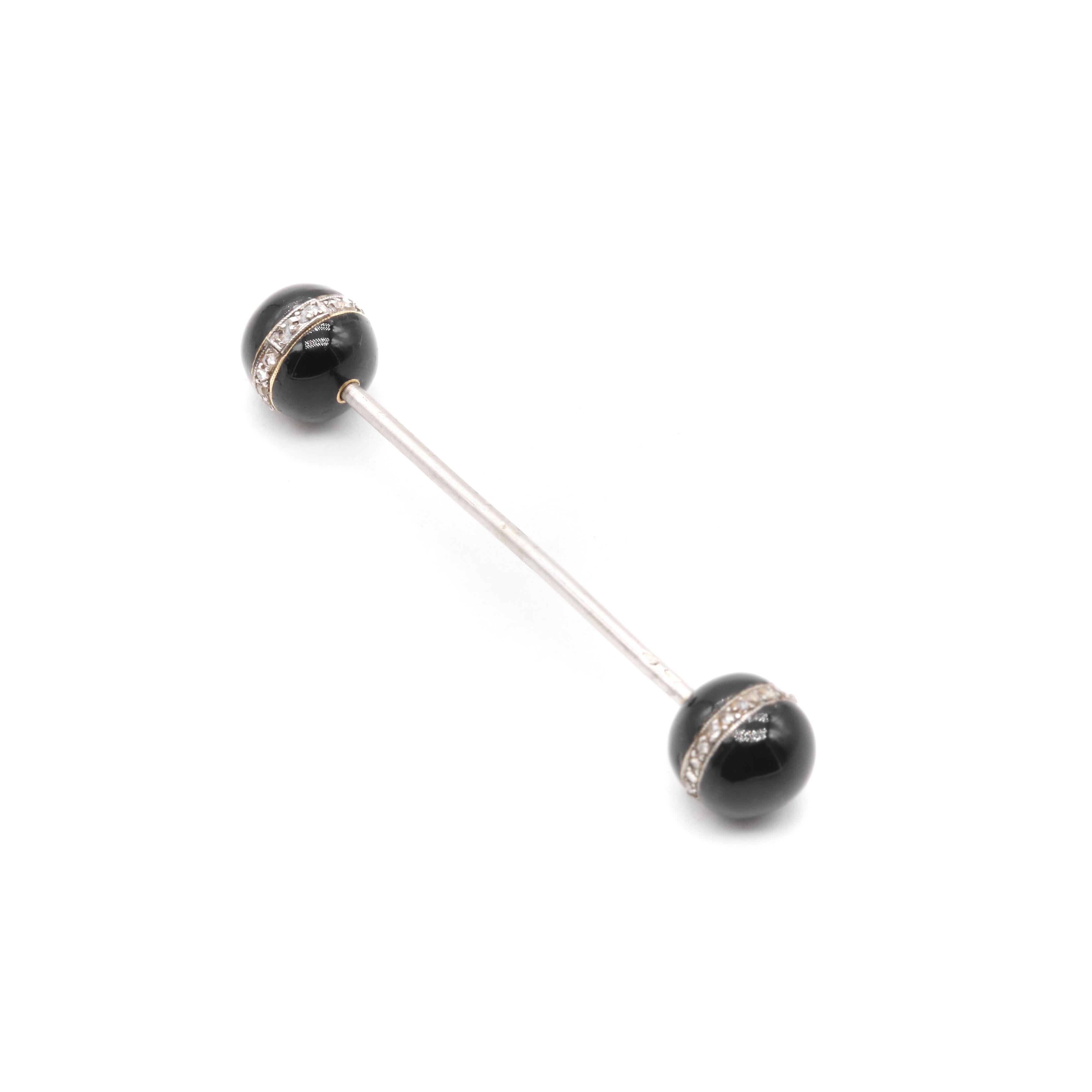 Women's or Men's Antique Art Deco Platinum & 18K Gold Rose Cut Diamond & Black Enamel Jabot Pin For Sale