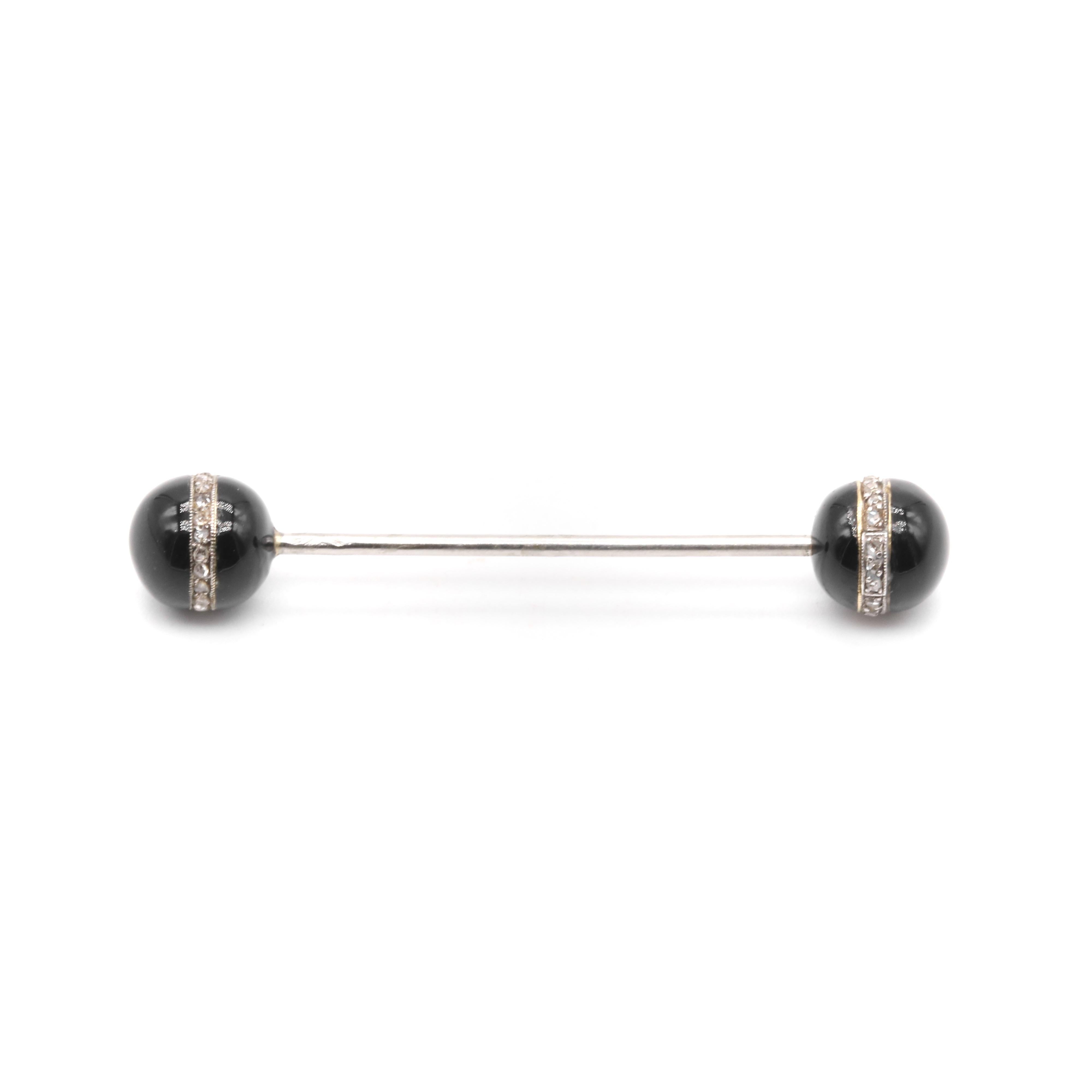 Antique Art Deco Platinum & 18K Gold Rose Cut Diamond & Black Enamel Jabot Pin For Sale 3