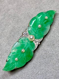 Antique Art Deco Platinum 18K Old European Diamond Carved Jade Pearl Leaf Brooch