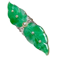 Antique Art Deco Platinum 18K Old European Diamond Carved Jade Pearl Leaf Brooch