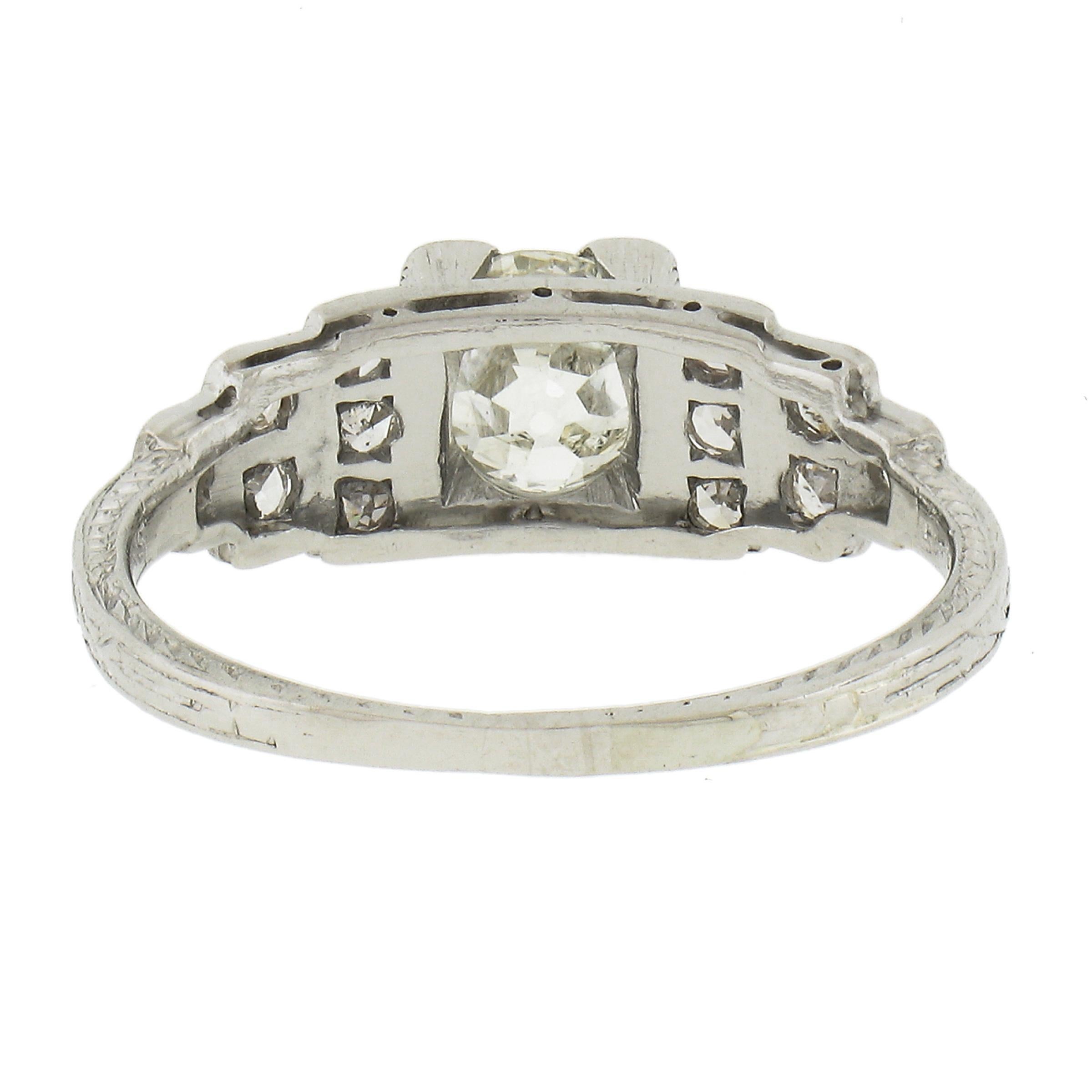 Women's Antique Art Deco Platinum 1ctw European Diamond Wheat Engraved Step Sides Ring For Sale
