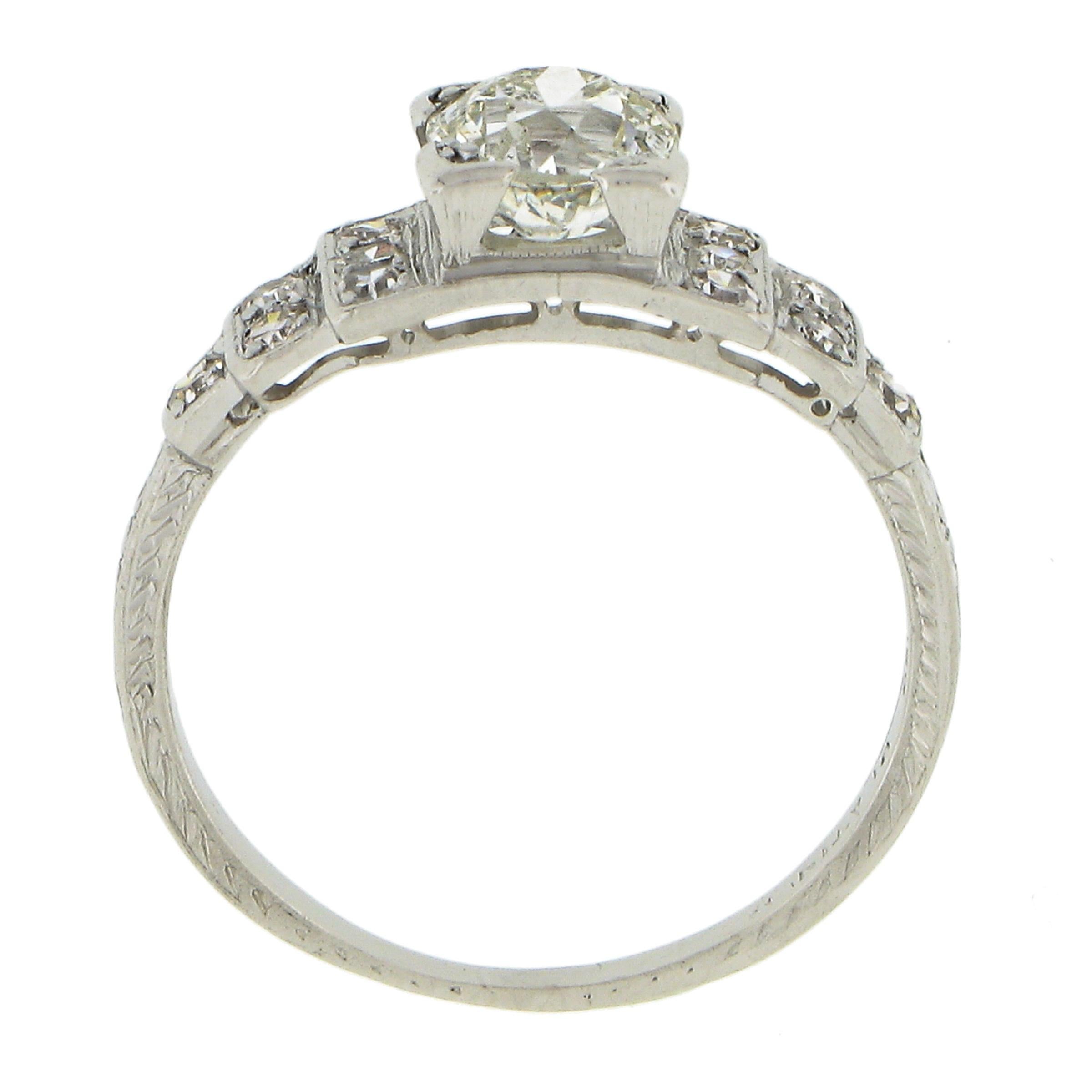 Antiker Art Deco Platin 1ctw europäischer Diamant Weizengravur gravierter Step Sides Ring Damen im Angebot